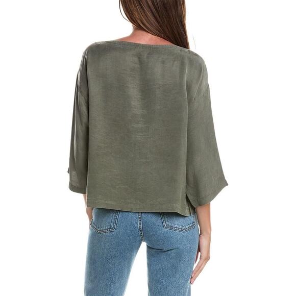 New Eileen Fisher Sandwashed Twill Box-Top Green Side Slit 3/4 Sleeve Sz XL - Picture 2 of 8